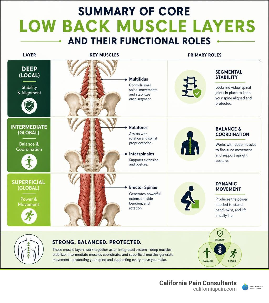 Summary of core low back muscle layers and their functional roles infographic Summary of core low back muscle layers and their functional roles infographic