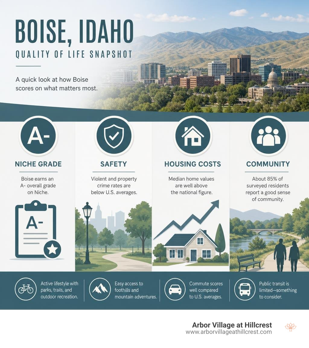 Boise quality of life snapshot: Niche grade, safety, housing costs, and community infographic Boise quality of life snapshot: Niche grade, safety, housing costs, and community infographic