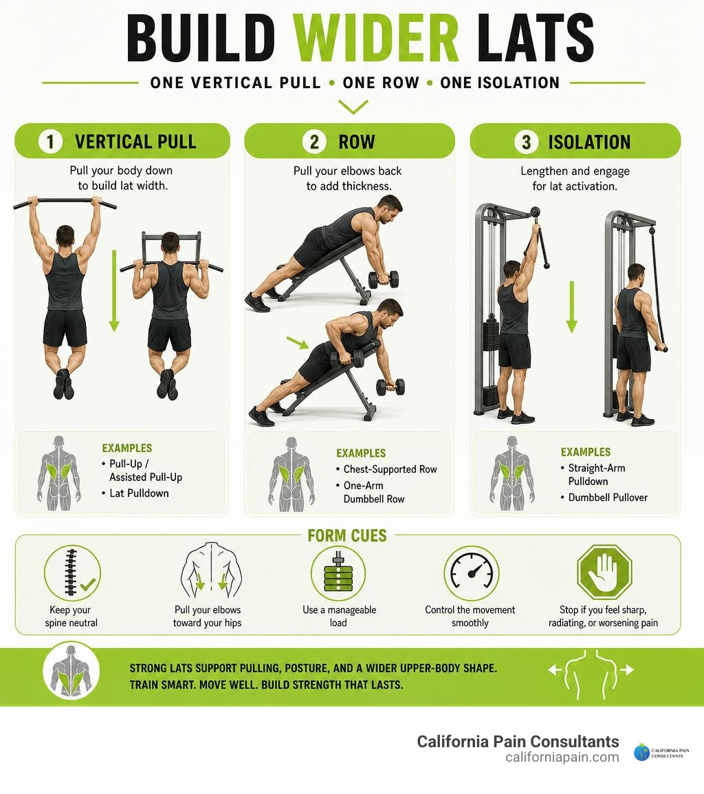 Infographic showing vertical pulls rows and isolation exercises for wider lats infographic Infographic showing vertical pulls rows and isolation exercises for wider lats infographic