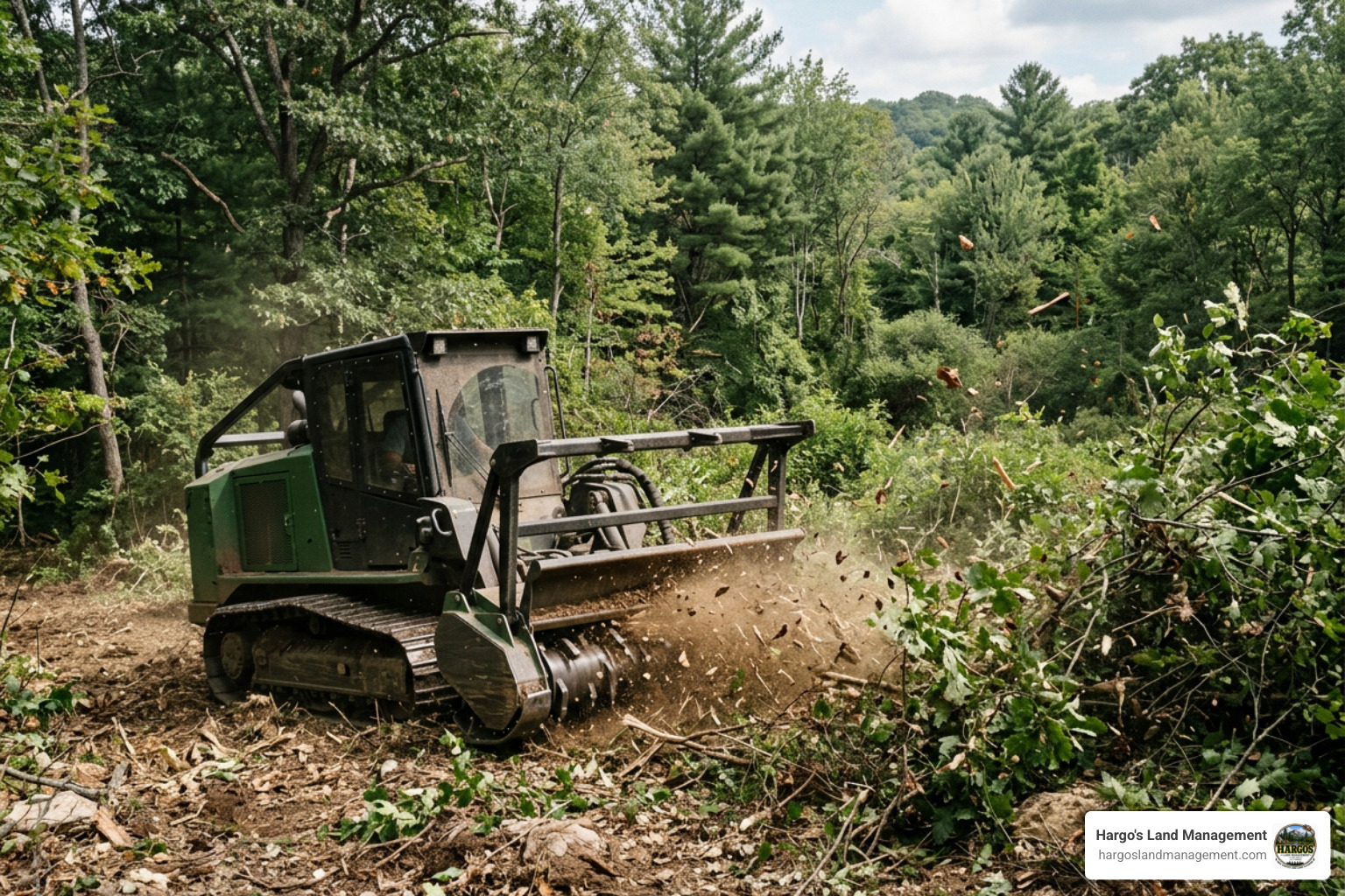 Forestry mulcher clearing dense brush and undergrowth Forestry mulcher clearing dense brush and undergrowth