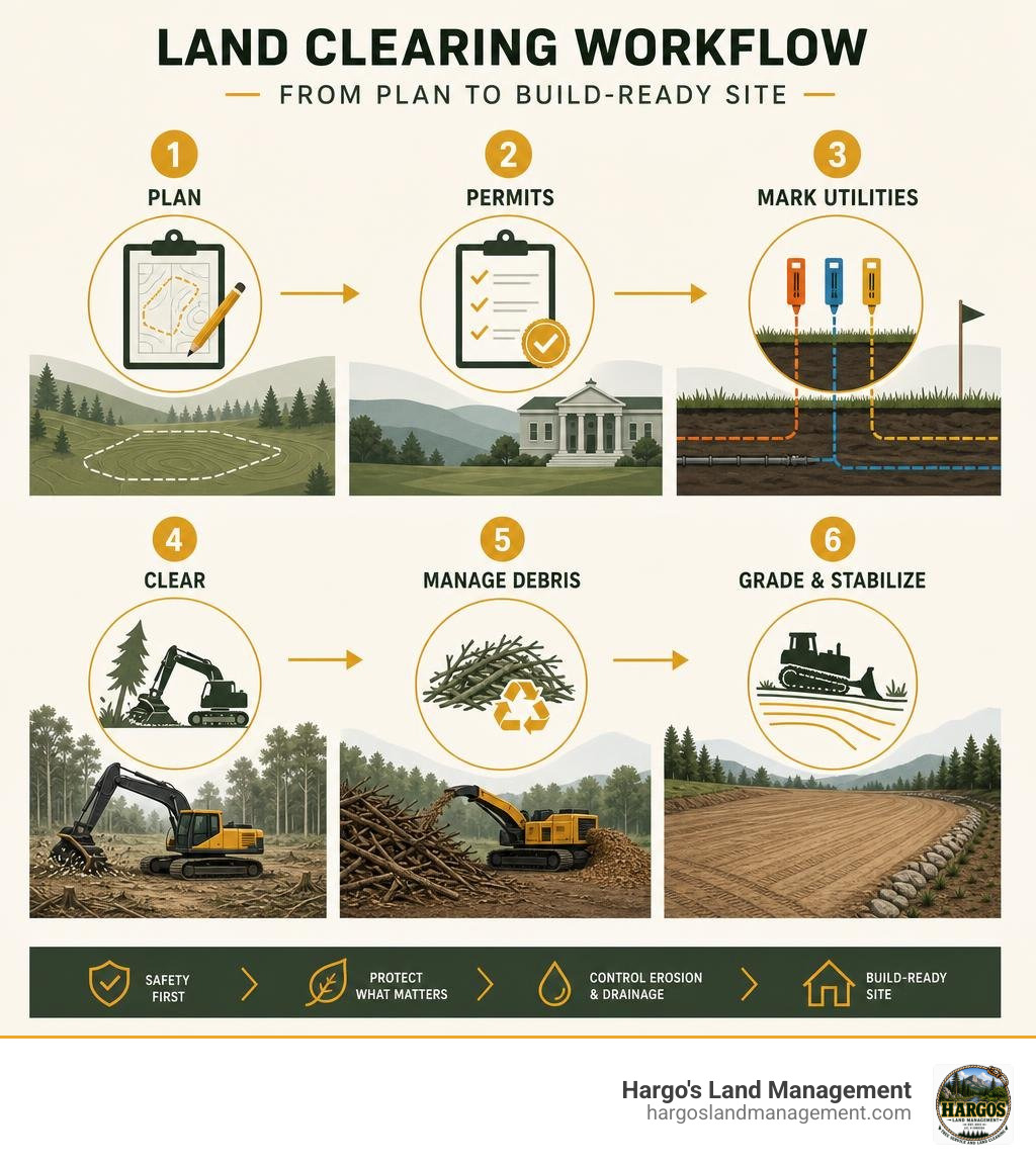 Land clearing workflow: plan, permits, mark utilities, clear, manage debris, grade and stabilize infographic Land clearing workflow: plan, permits, mark utilities, clear, manage debris, grade and stabilize infographic