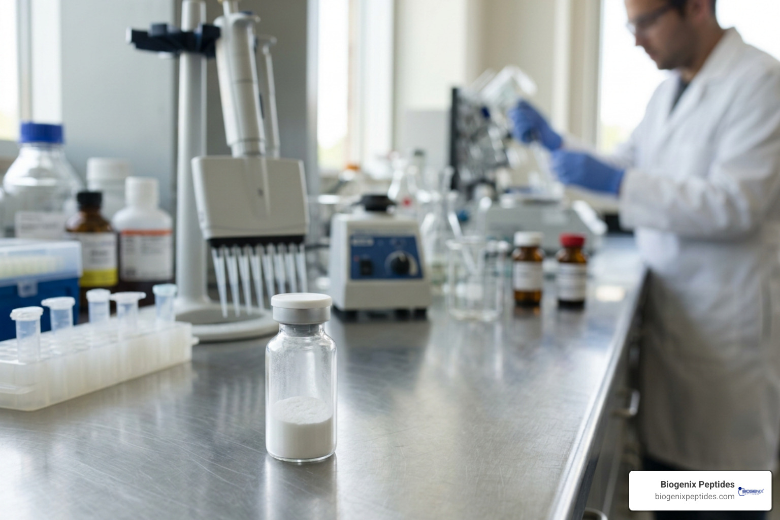 lyophilized HGH Fragment 176-191 vial in a research laboratory setting lyophilized HGH Fragment 176-191 vial in a research laboratory setting