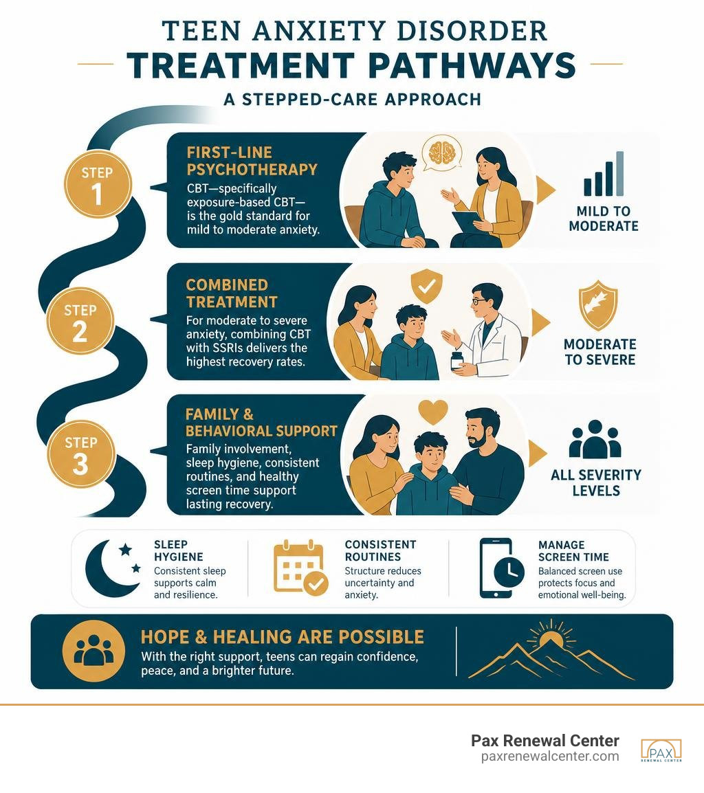 Infographic in deep teal #013B4C and warm amber #D7A461 detailing teen anxiety disorder treatment pathways infographic Infographic in deep teal #013B4C and warm amber #D7A461 detailing teen anxiety disorder treatment pathways infographic