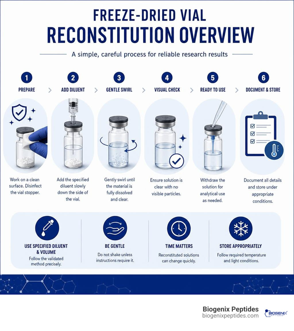 Freeze-dried vial reconstitution overview infographic Freeze-dried vial reconstitution overview infographic