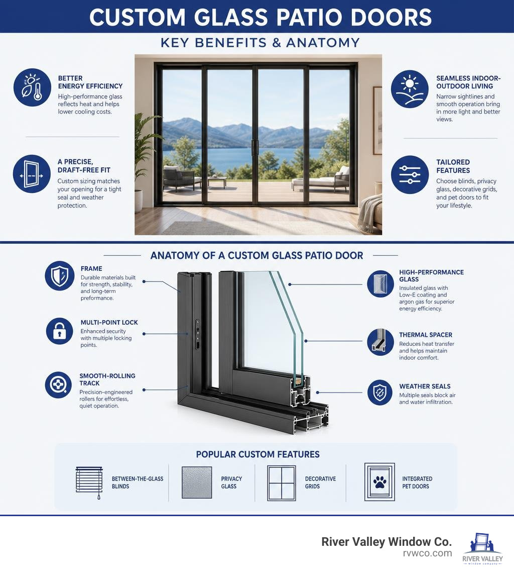 Key benefits and anatomy of custom glass patio doors infographic Key benefits and anatomy of custom glass patio doors infographic