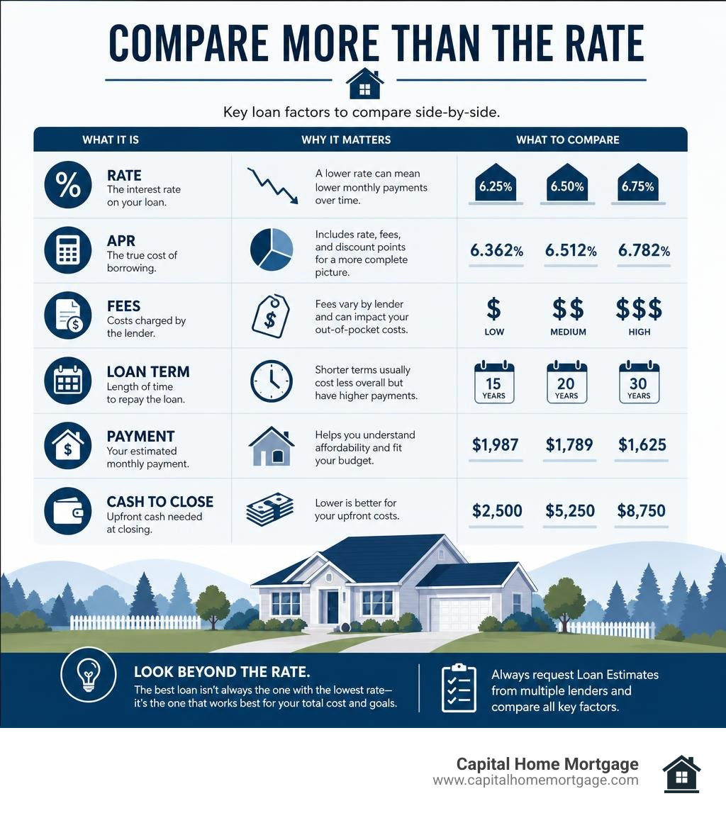 Infographic comparing rate, APR, fees, loan term, payment, and cash to close infographic