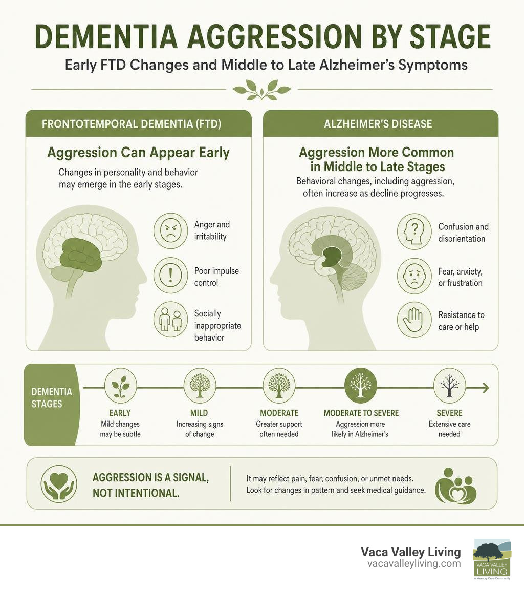 Dementia aggression by stage: early FTD changes and middle to late Alzheimer's symptoms infographic Dementia aggression by stage: early FTD changes and middle to late Alzheimer's symptoms infographic