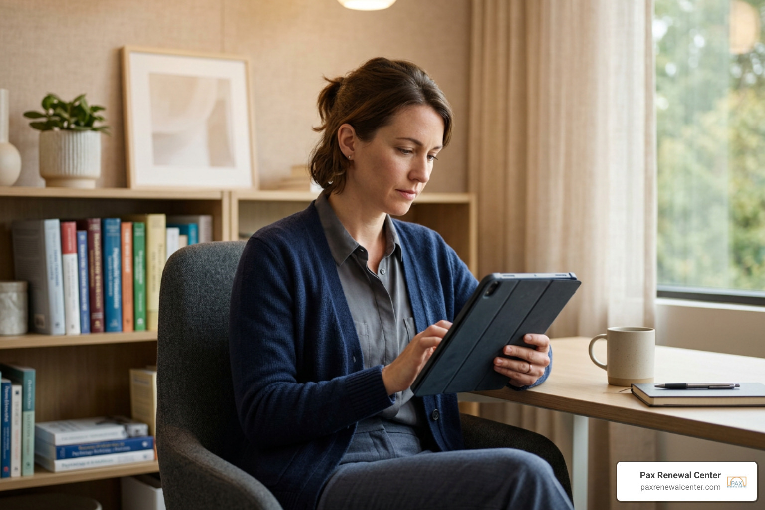 A licensed counselor learning advanced therapeutic modalities on a digital tablet