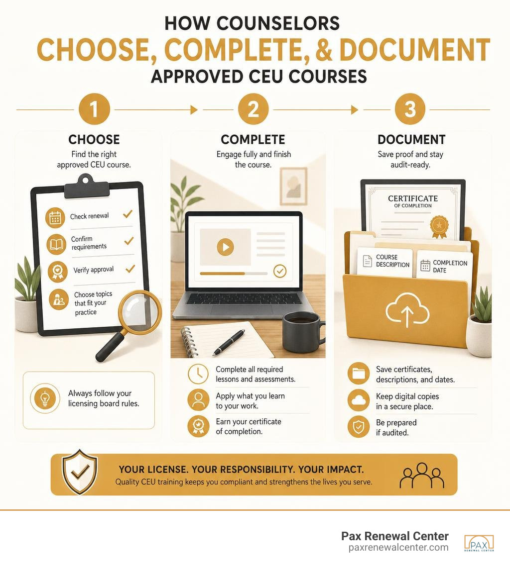 Infographic showing how counselors choose, complete, and document approved CEU courses infographic