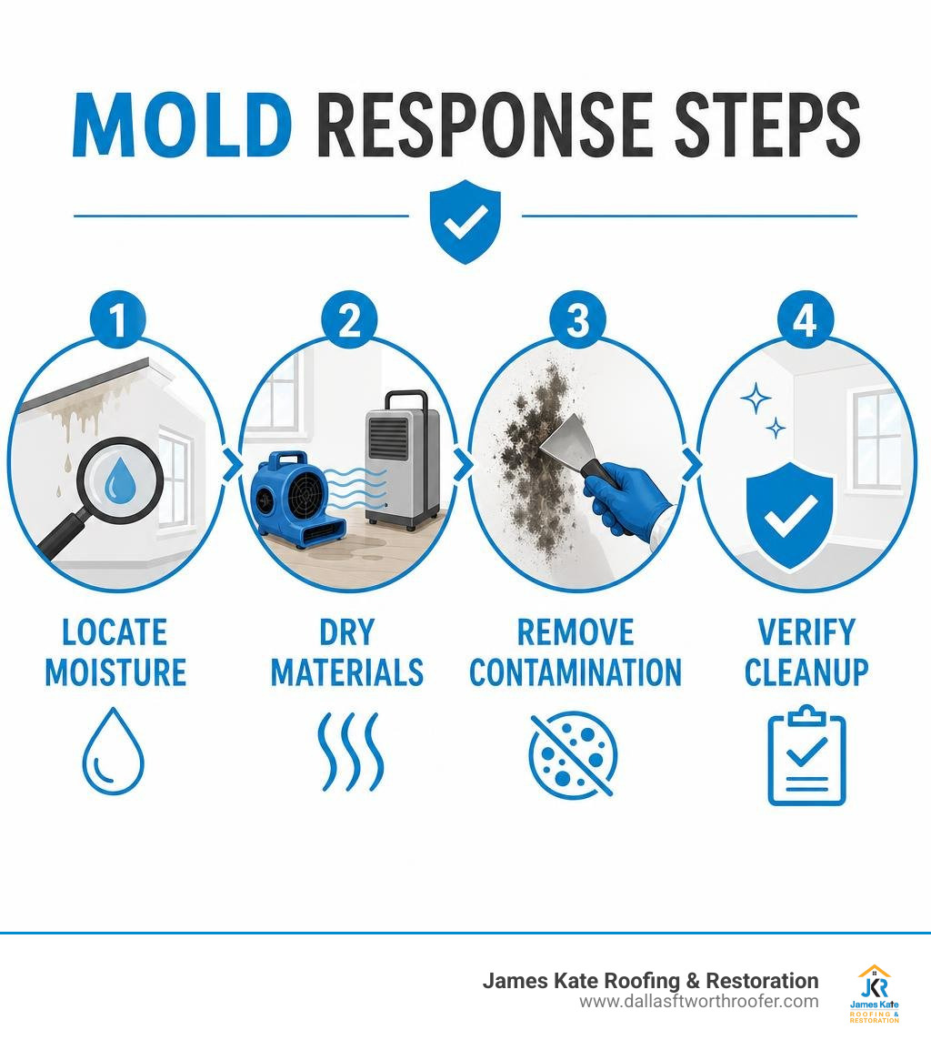 Mold response steps: locate moisture, dry materials, remove contamination, verify cleanup infographic Mold response steps: locate moisture, dry materials, remove contamination, verify cleanup infographic