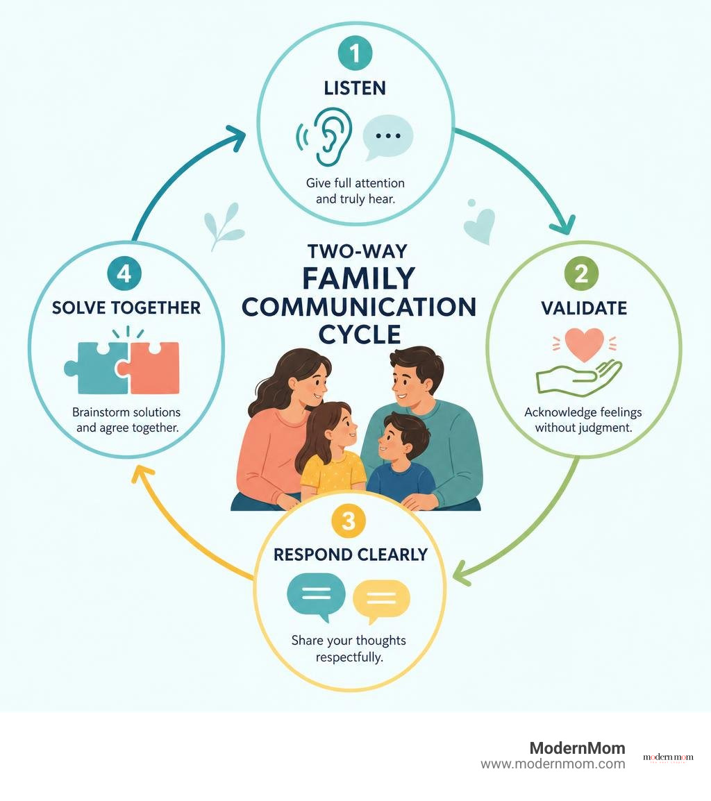 Two-way family communication cycle: listen, validate, respond clearly, solve together infographic Two-way family communication cycle: listen, validate, respond clearly, solve together infographic