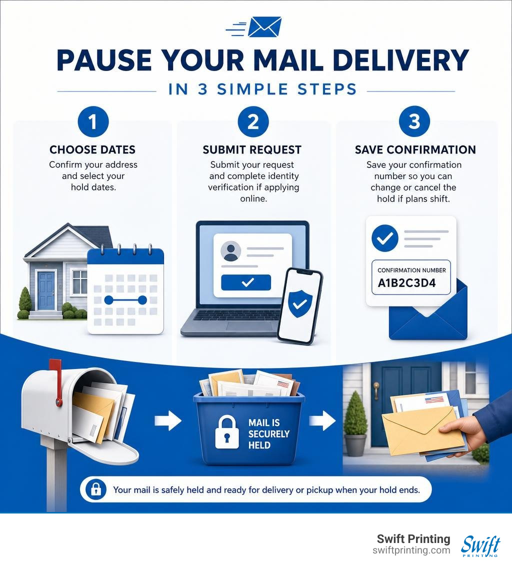 USPS Hold Mail three-step workflow infographic USPS Hold Mail three-step workflow infographic