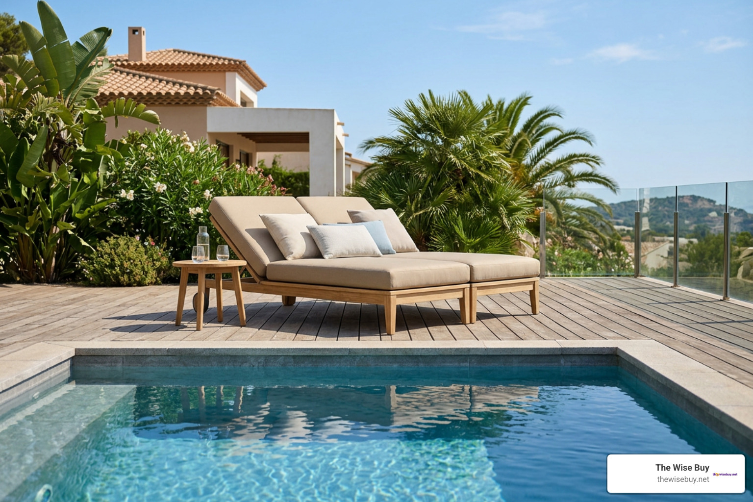 double chaise lounge setup by a pool on an open patio deck