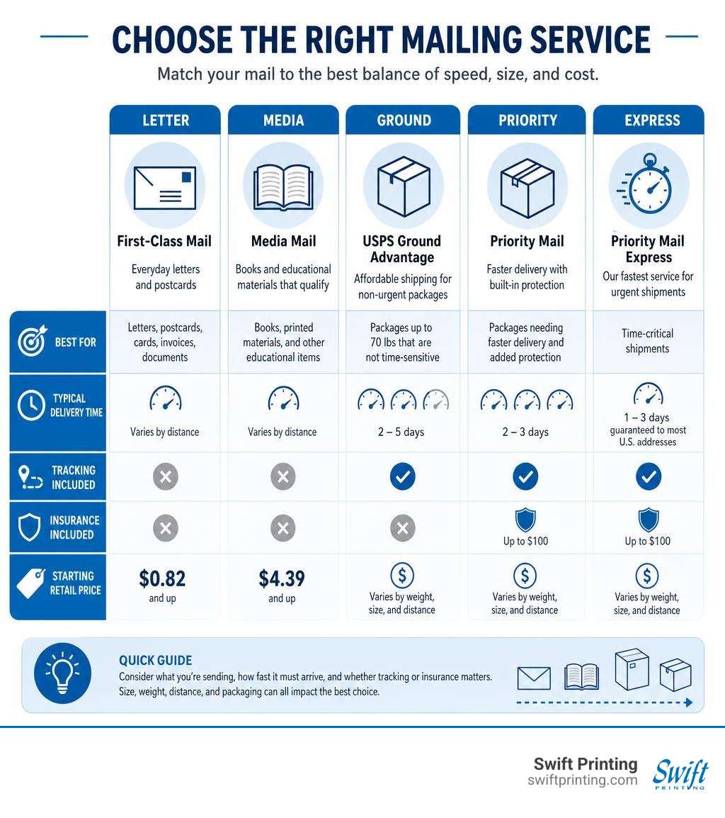 Infographic comparing letter, media, ground, priority, and express mailing choices infographic Infographic comparing letter, media, ground, priority, and express mailing choices infographic