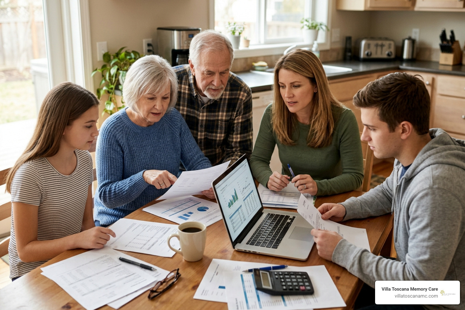 Family reviewing senior care planning options and financial paperwork