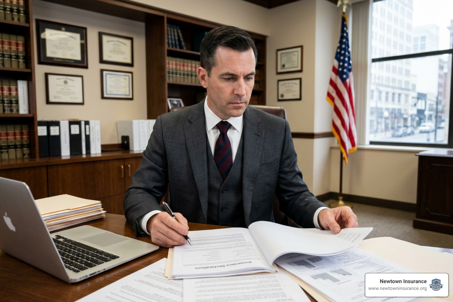Attorney reviewing insurance declarations and medical reports Attorney reviewing insurance declarations and medical reports