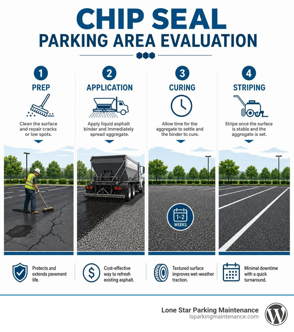 Chip seal parking area evaluation: prep, application, curing, and striping infographic Chip seal parking area evaluation: prep, application, curing, and striping infographic