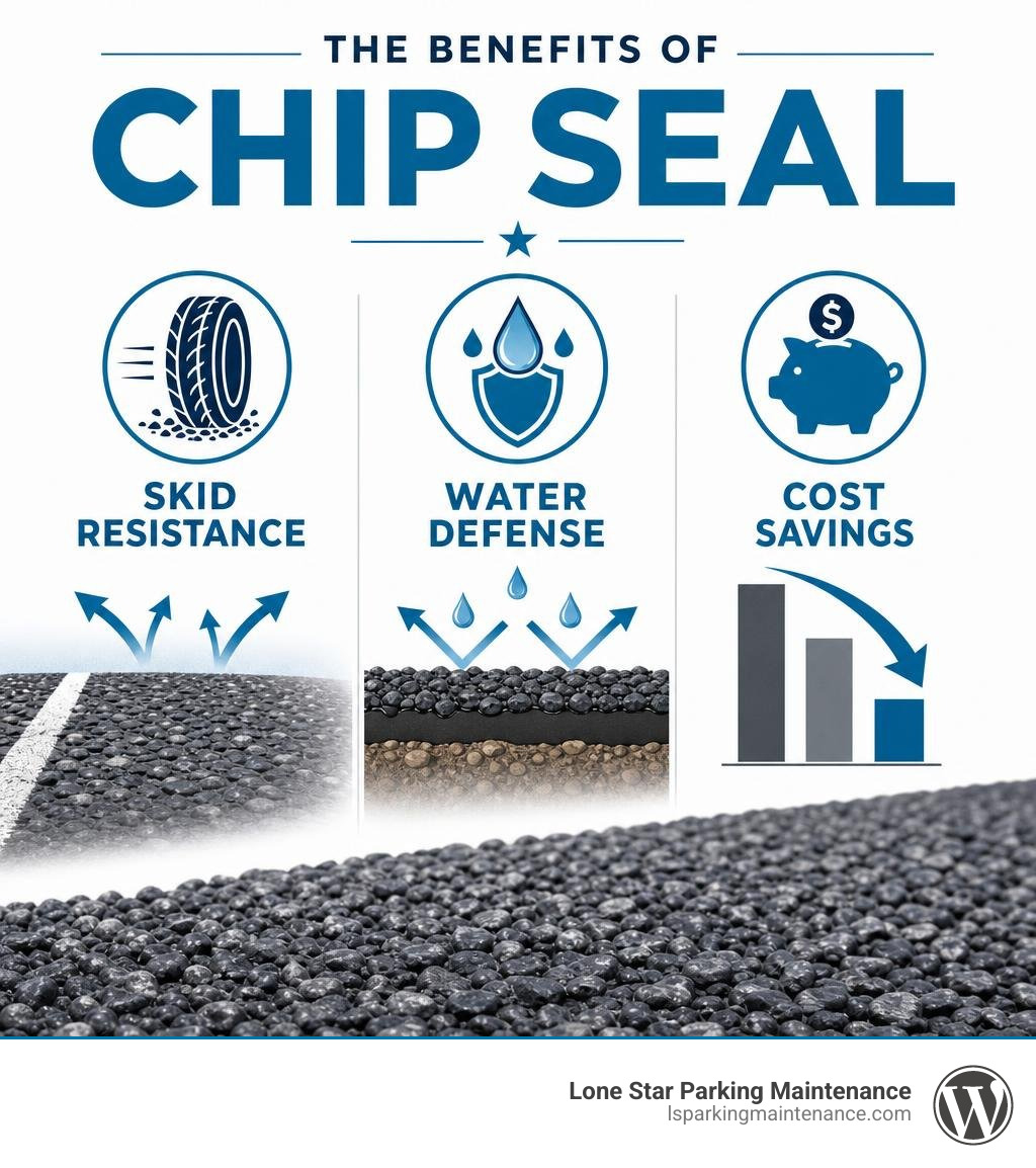 Benefits of chip seal: skid resistance, water defense, cost savings infographic Benefits of chip seal: skid resistance, water defense, cost savings infographic