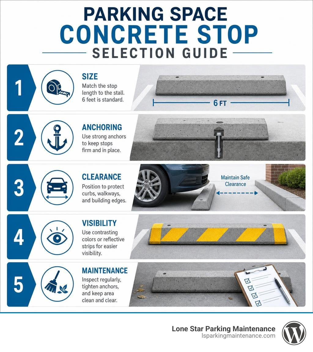 Parking space concrete stop selection: size, anchoring, clearance, visibility, and maintenance infographic Parking space concrete stop selection: size, anchoring, clearance, visibility, and maintenance infographic