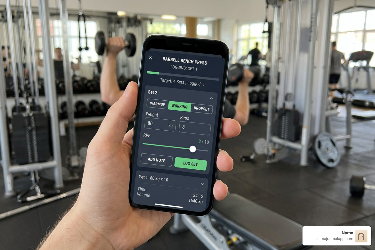 Dynamic workout set tagging interface showing warmup dropset and RPE entries Dynamic workout set tagging interface showing warmup dropset and RPE entries
