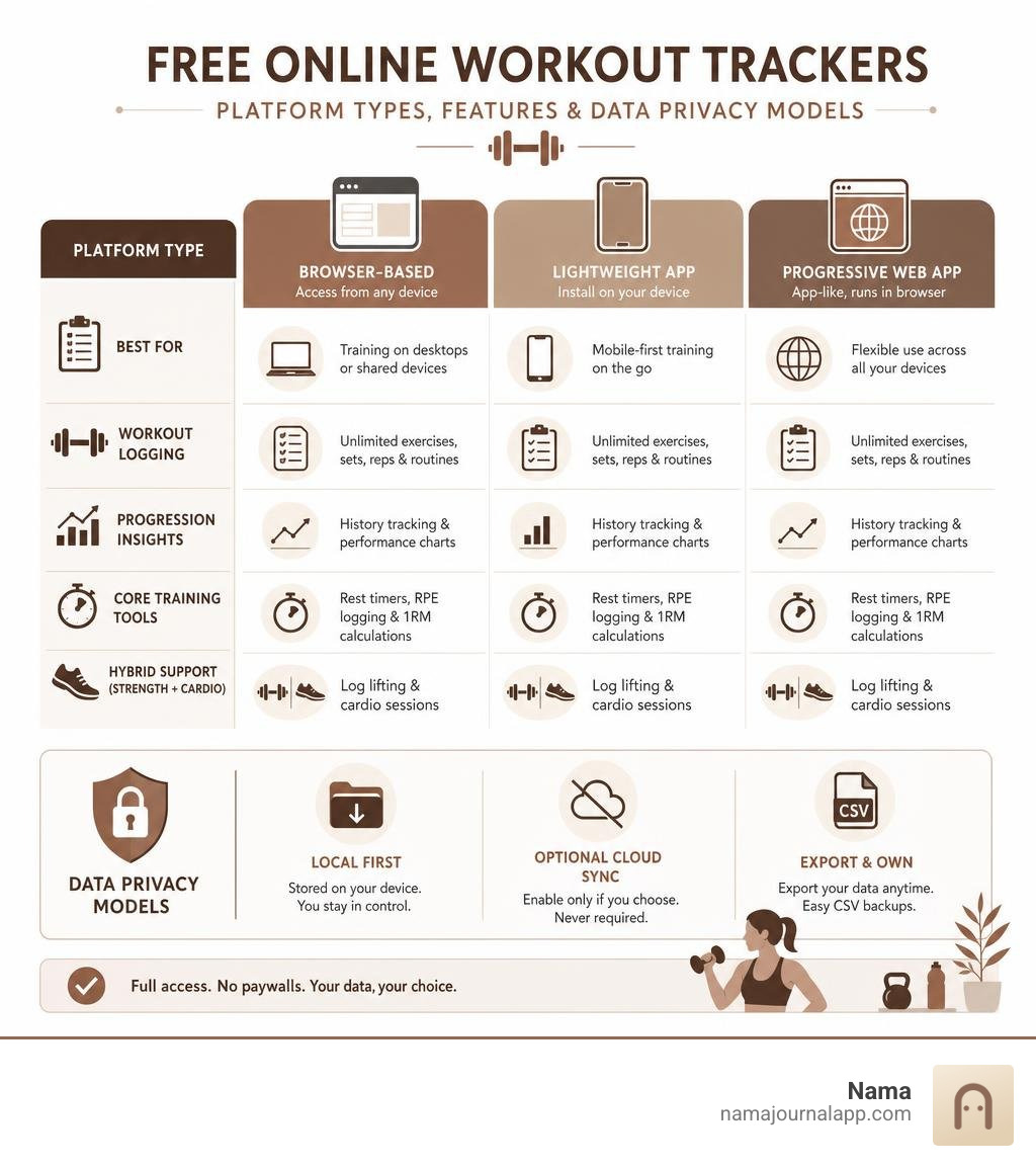 Comparison of free online workout tracker platform types, features, and data privacy models infographic Comparison of free online workout tracker platform types, features, and data privacy models infographic