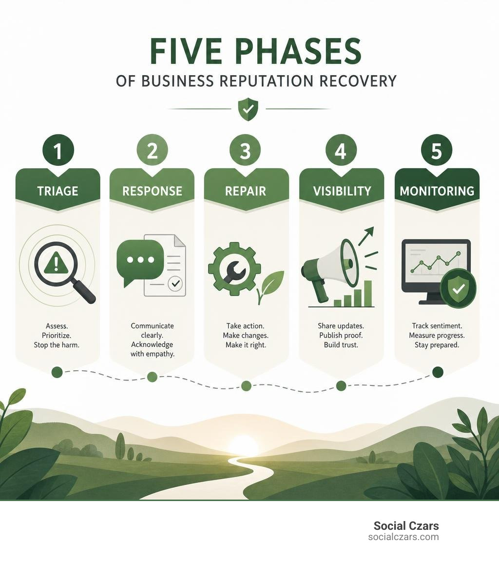 Five phases of business reputation recovery: triage, response, repair, visibility, monitoring infographic