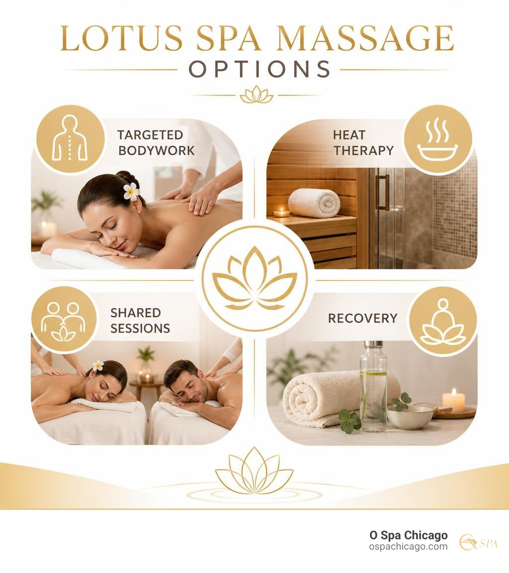 Lotus spa massage options: targeted bodywork, heat therapy, shared sessions, recovery infographic Lotus spa massage options: targeted bodywork, heat therapy, shared sessions, recovery infographic