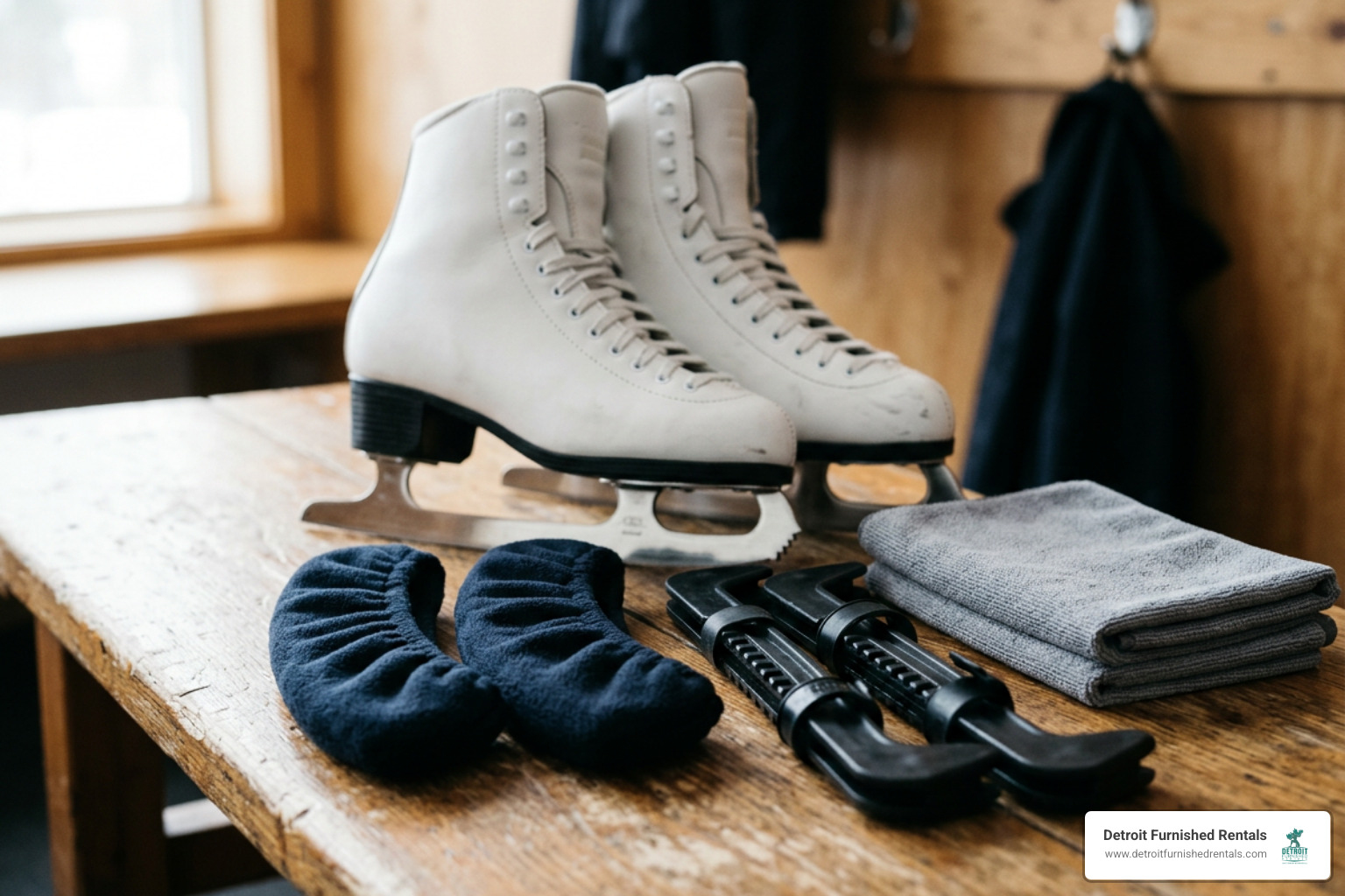 Skate blade care setup showing fabric soakers hard guards and a drying towel