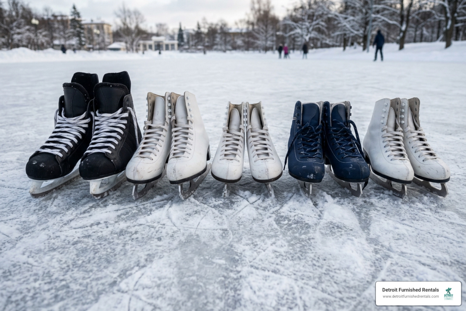 Top rated beginner figure and recreational ice skates lined up on the ice