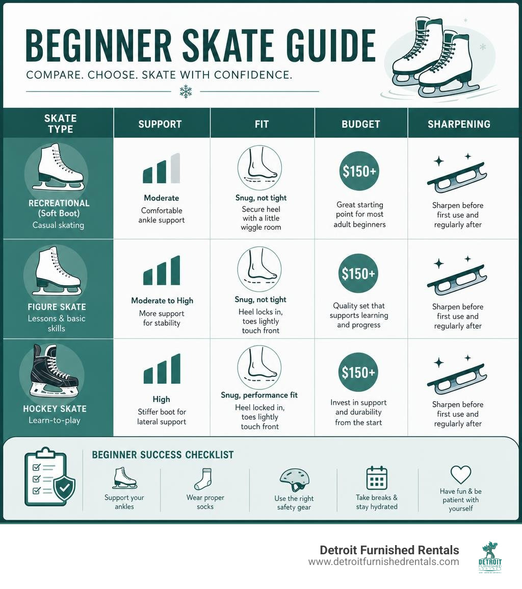 Beginner skate guide comparing skate type, support, fit, budget, and sharpening infographic