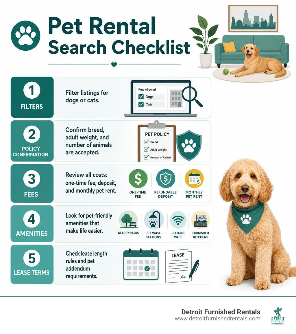 Pet rental search checklist: filters, policy confirmation, fees, amenities, and lease terms infographic Pet rental search checklist: filters, policy confirmation, fees, amenities, and lease terms infographic