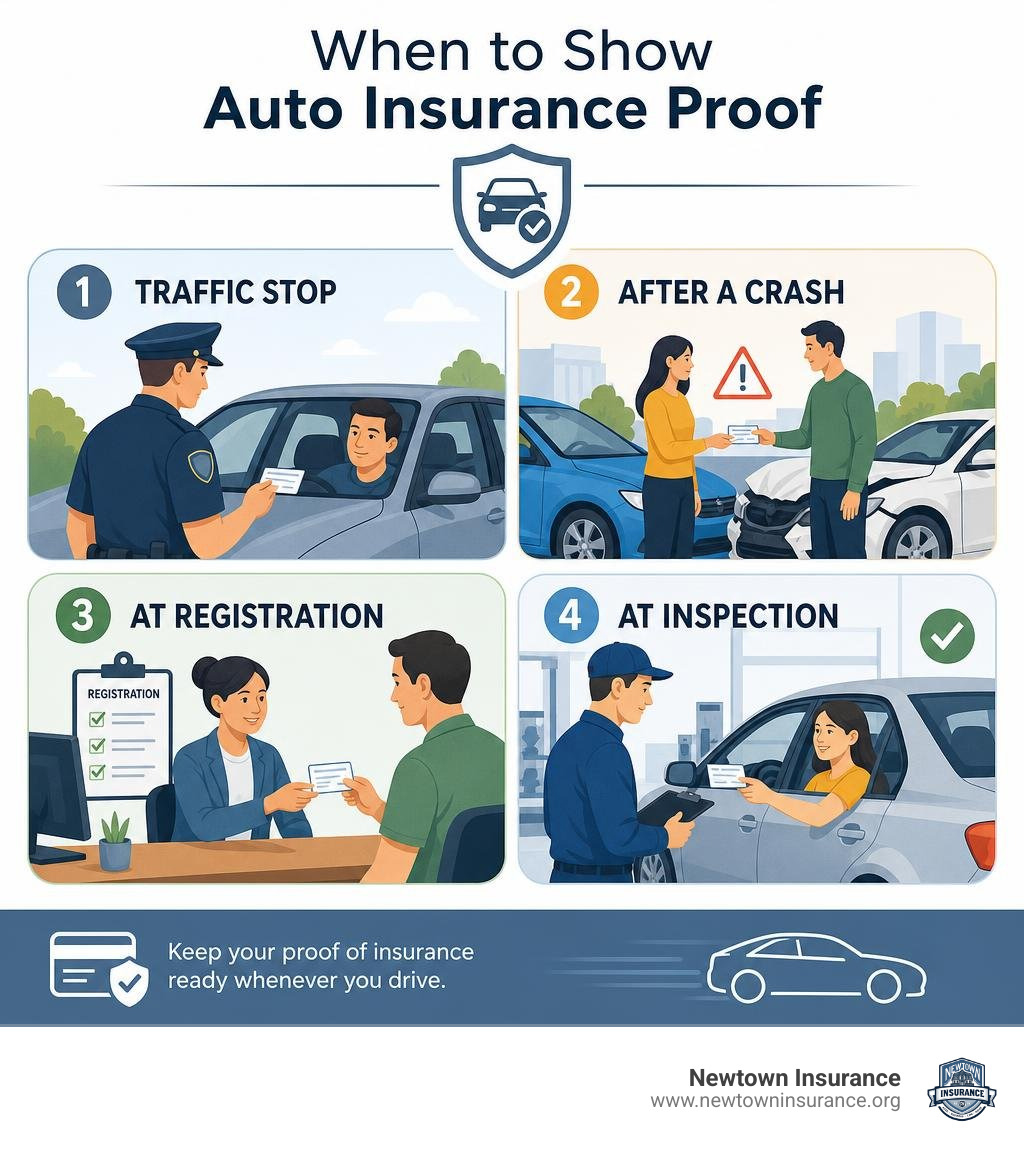 When to show auto insurance proof: traffic stop, crash, registration, inspection infographic When to show auto insurance proof: traffic stop, crash, registration, inspection infographic
