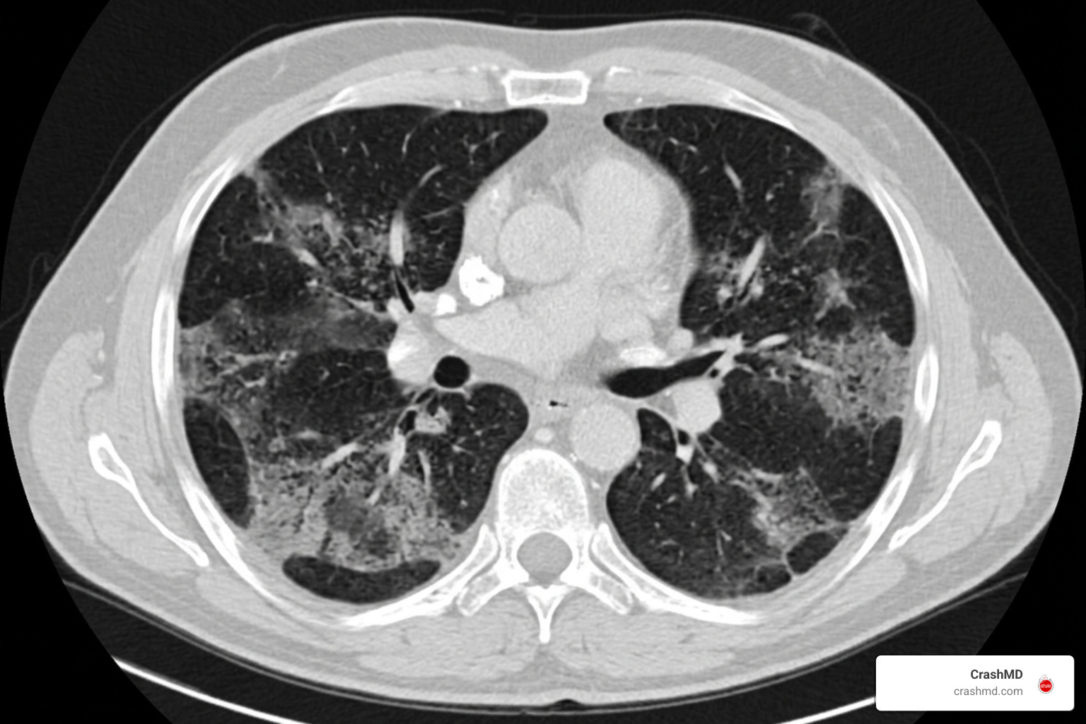 Axial chest CT demonstrating patchy ground glass opacities with subpleural sparing Axial chest CT demonstrating patchy ground glass opacities with subpleural sparing