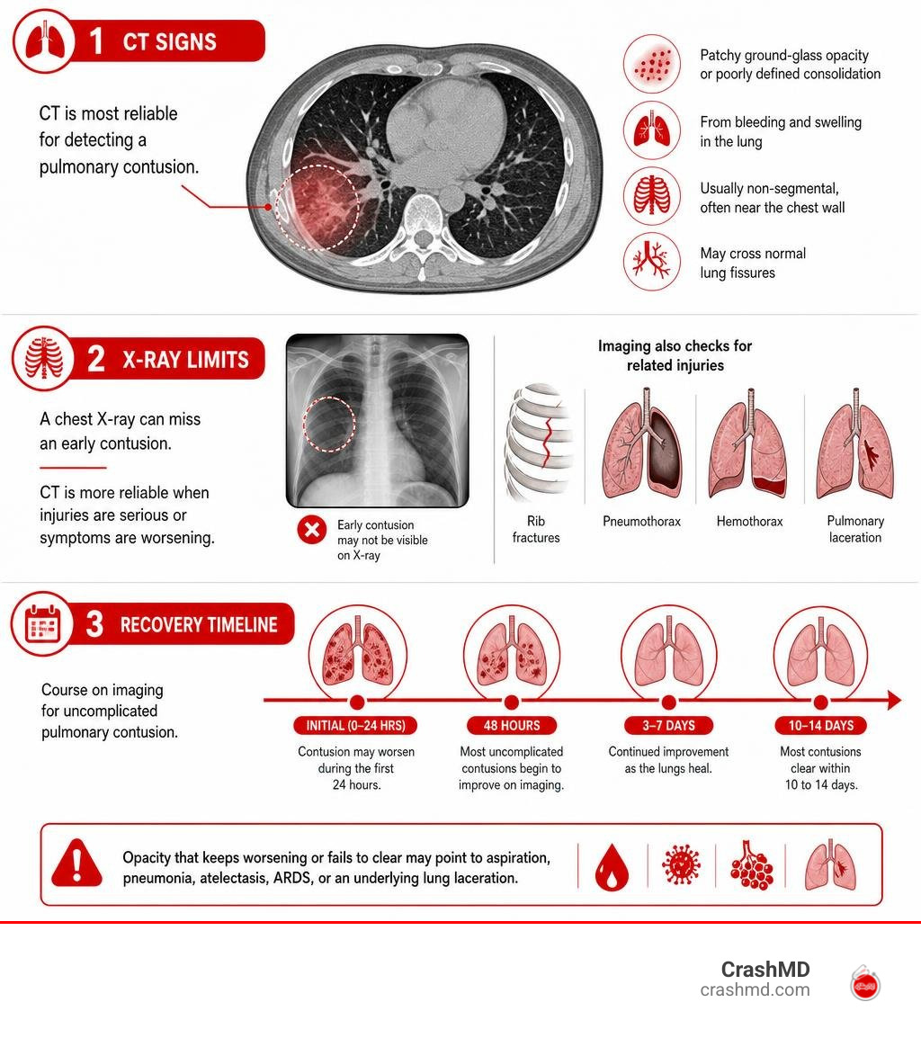 Infographic showing CT signs, X-ray limits, and pulmonary contusion recovery timeline infographic Infographic showing CT signs, X-ray limits, and pulmonary contusion recovery timeline infographic