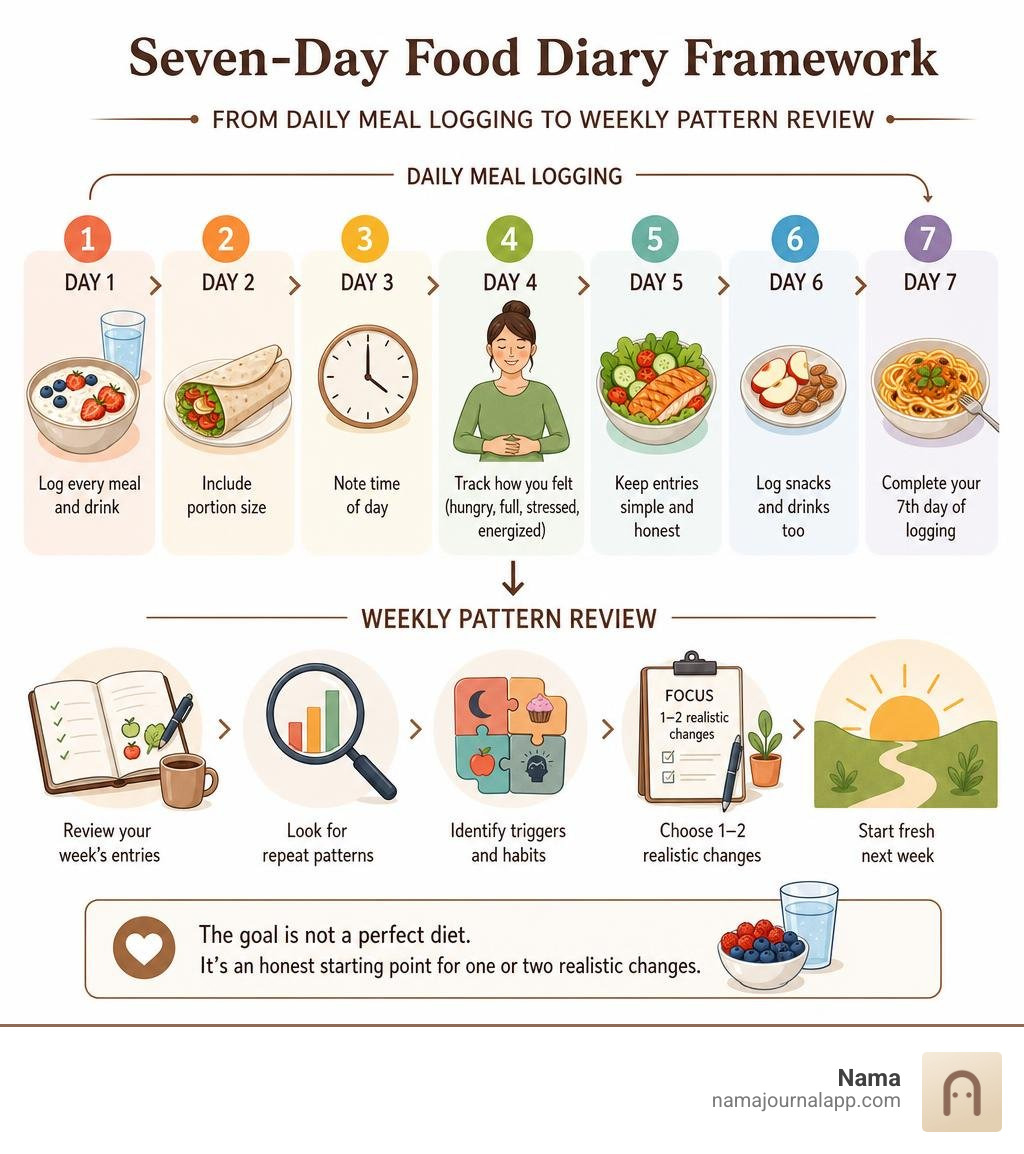 Seven-day food diary framework from daily meal logging to weekly pattern review infographic Seven-day food diary framework from daily meal logging to weekly pattern review infographic