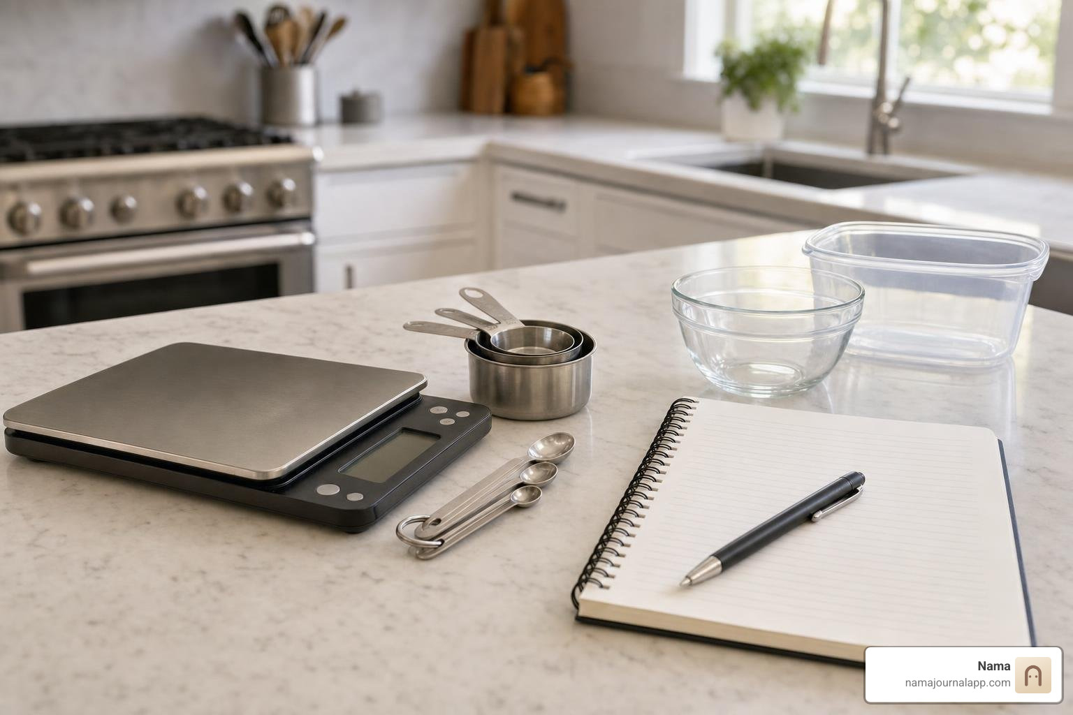 Meal portion measurement tools alongside a detailed daily food diary entry Meal portion measurement tools alongside a detailed daily food diary entry