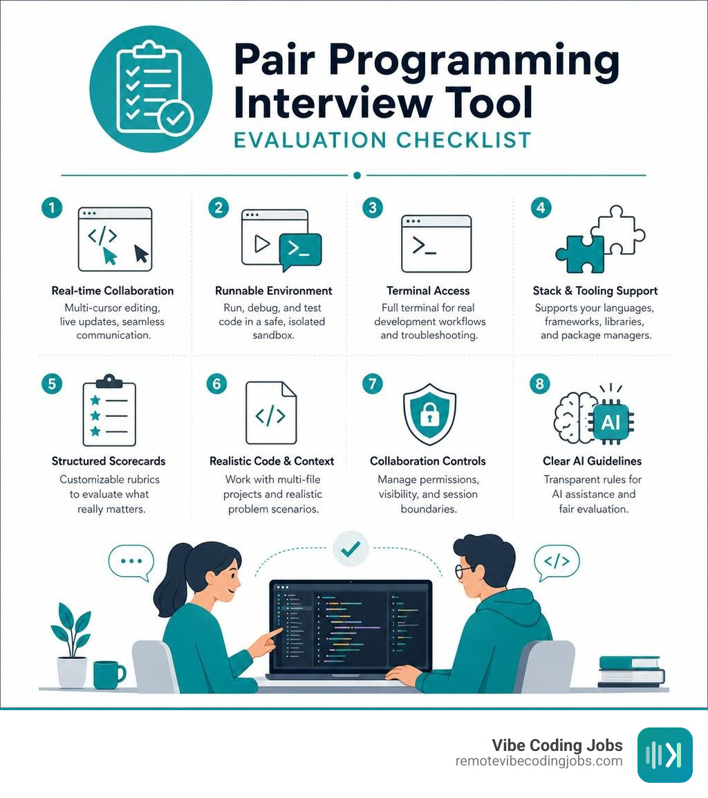 pair programming interview tool evaluation checklist infographic