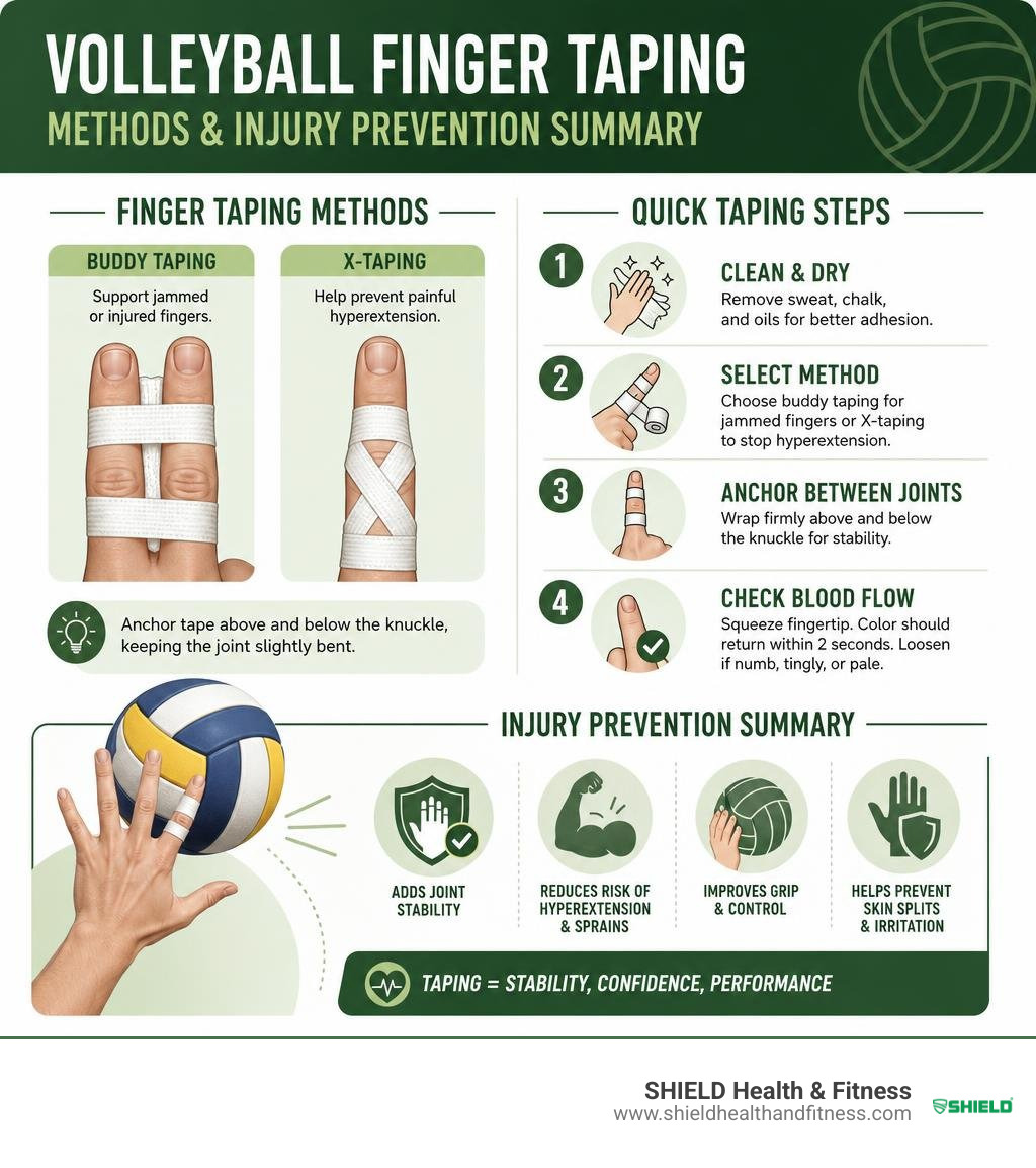 Volleyball finger taping methods and injury prevention summary infographic