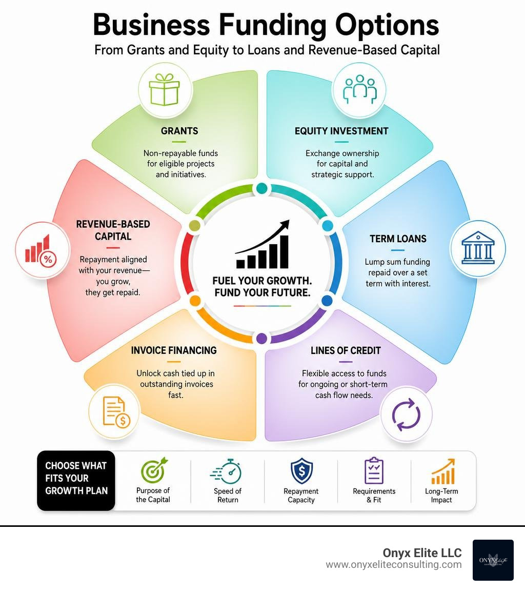 Business funding options from grants and equity to loans and revenue-based capital infographic