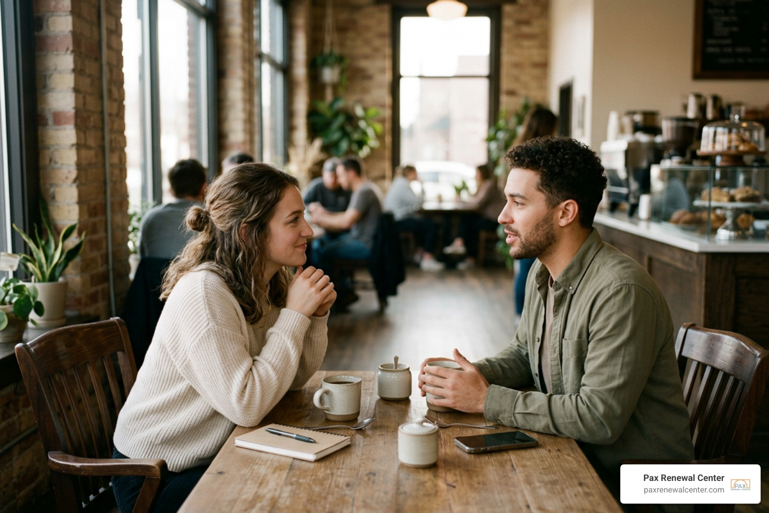 engaged couple having an intentional relationship conversation over coffee engaged couple having an intentional relationship conversation over coffee
