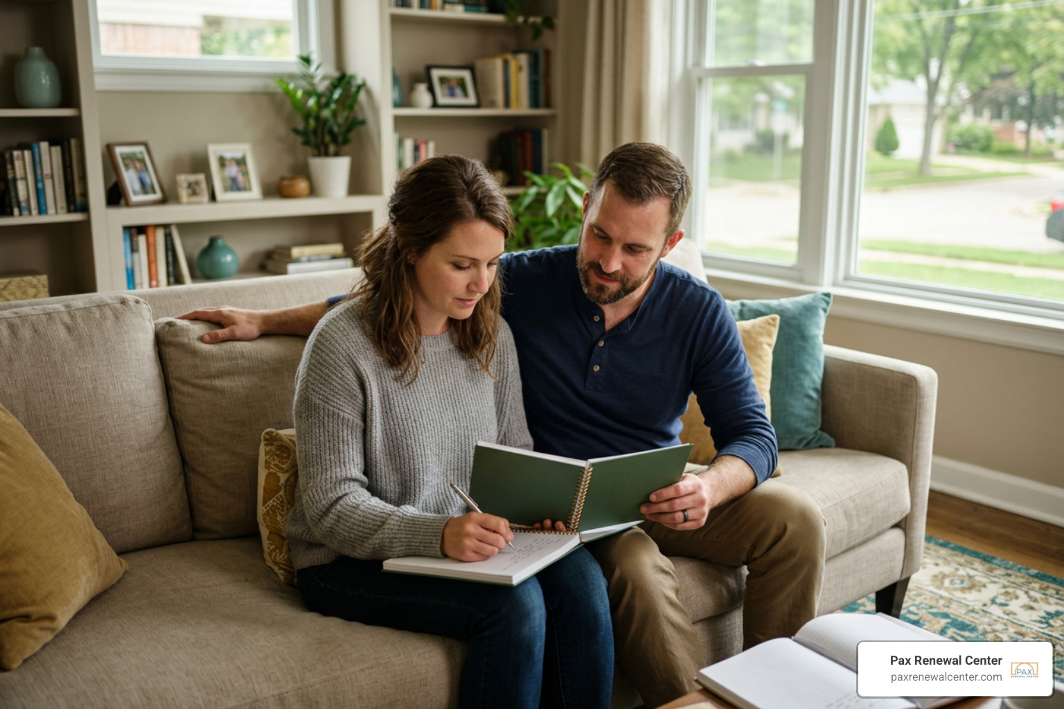 couple reviewing faith-based premarital workbooks and reflection materials couple reviewing faith-based premarital workbooks and reflection materials
