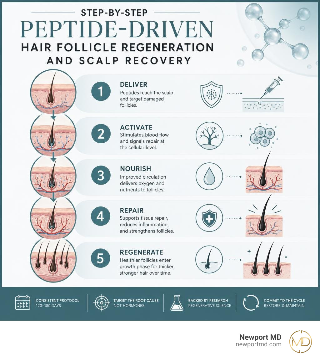 Step-by-step peptide-driven hair follicle regeneration and scalp recovery infographic Step-by-step peptide-driven hair follicle regeneration and scalp recovery infographic