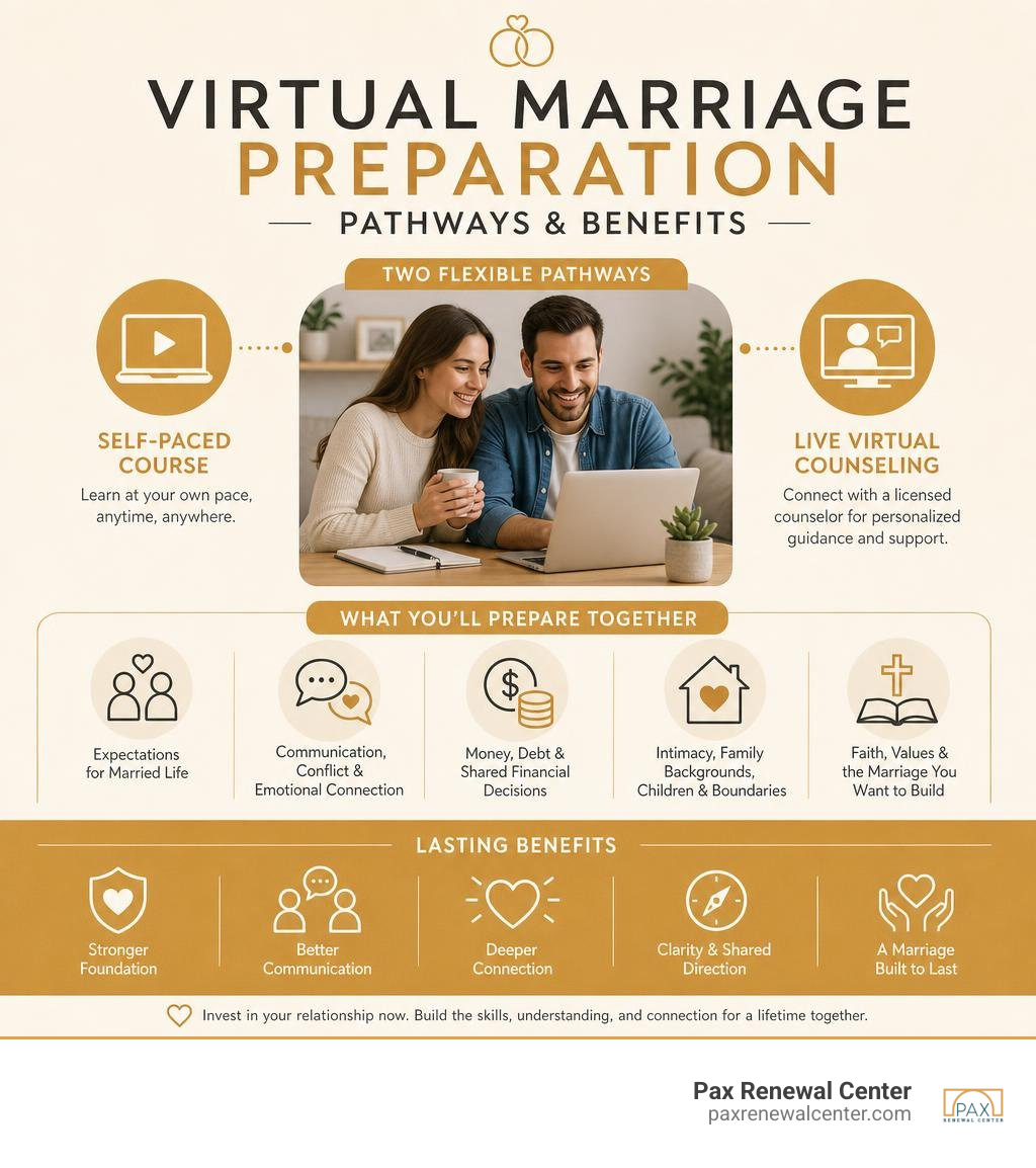 Virtual marriage preparation pathways and benefits infographic Virtual marriage preparation pathways and benefits infographic