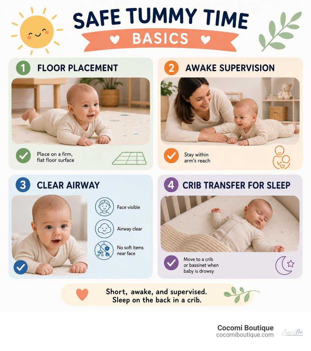 Safe tummy time basics: floor placement, awake supervision, clear airway, crib transfer for sleep infographic