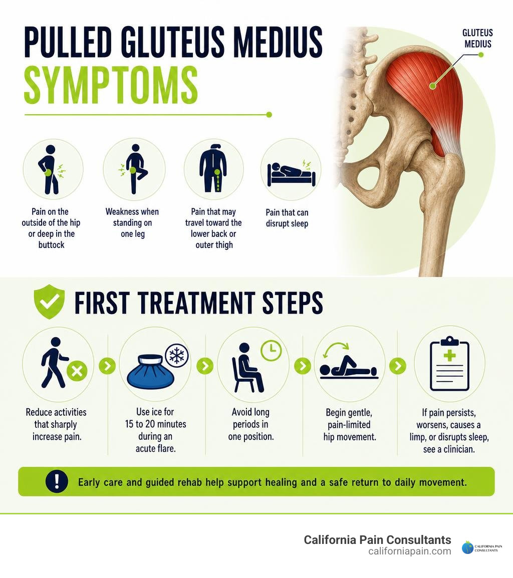 Pulled gluteus medius symptoms and first treatment steps infographic Pulled gluteus medius symptoms and first treatment steps infographic