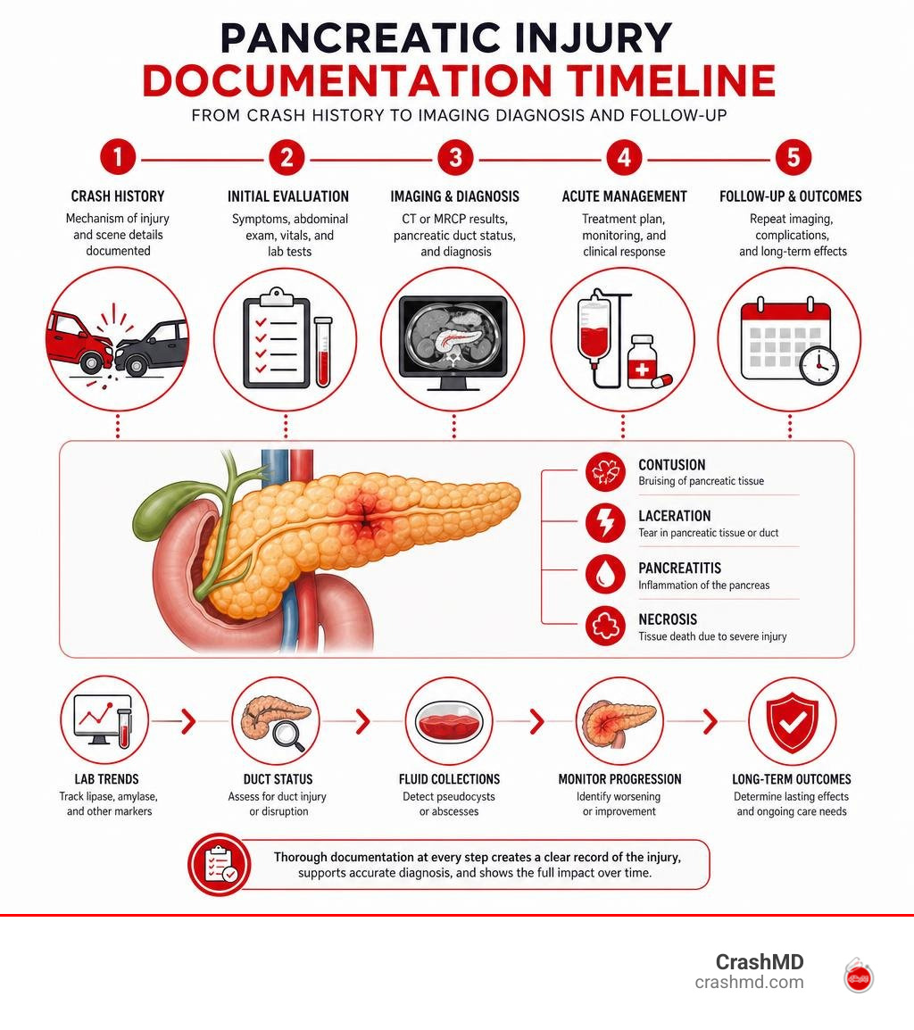 Pancreatic injury documentation timeline from crash history to imaging diagnosis and follow-up infographic Pancreatic injury documentation timeline from crash history to imaging diagnosis and follow-up infographic