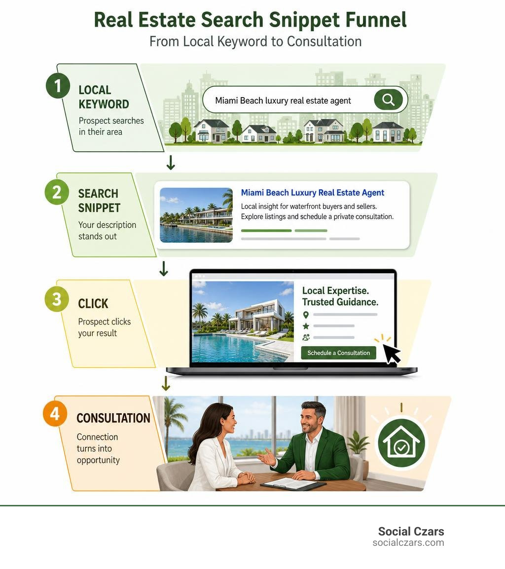 Real estate search snippet funnel from local keyword to click to consultation infographic