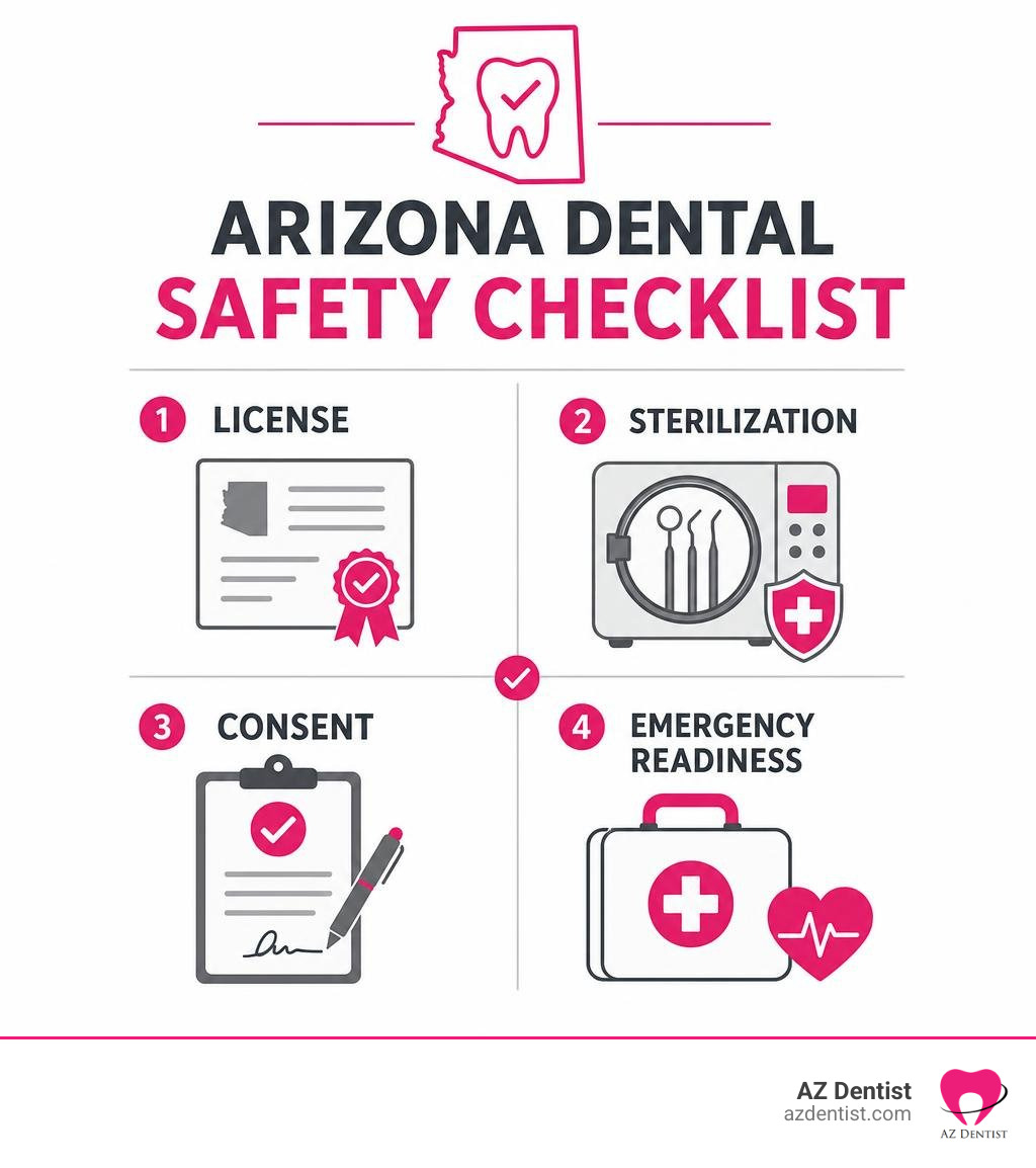 Arizona dental safety checklist: license, sterilization, consent, emergency readiness infographic