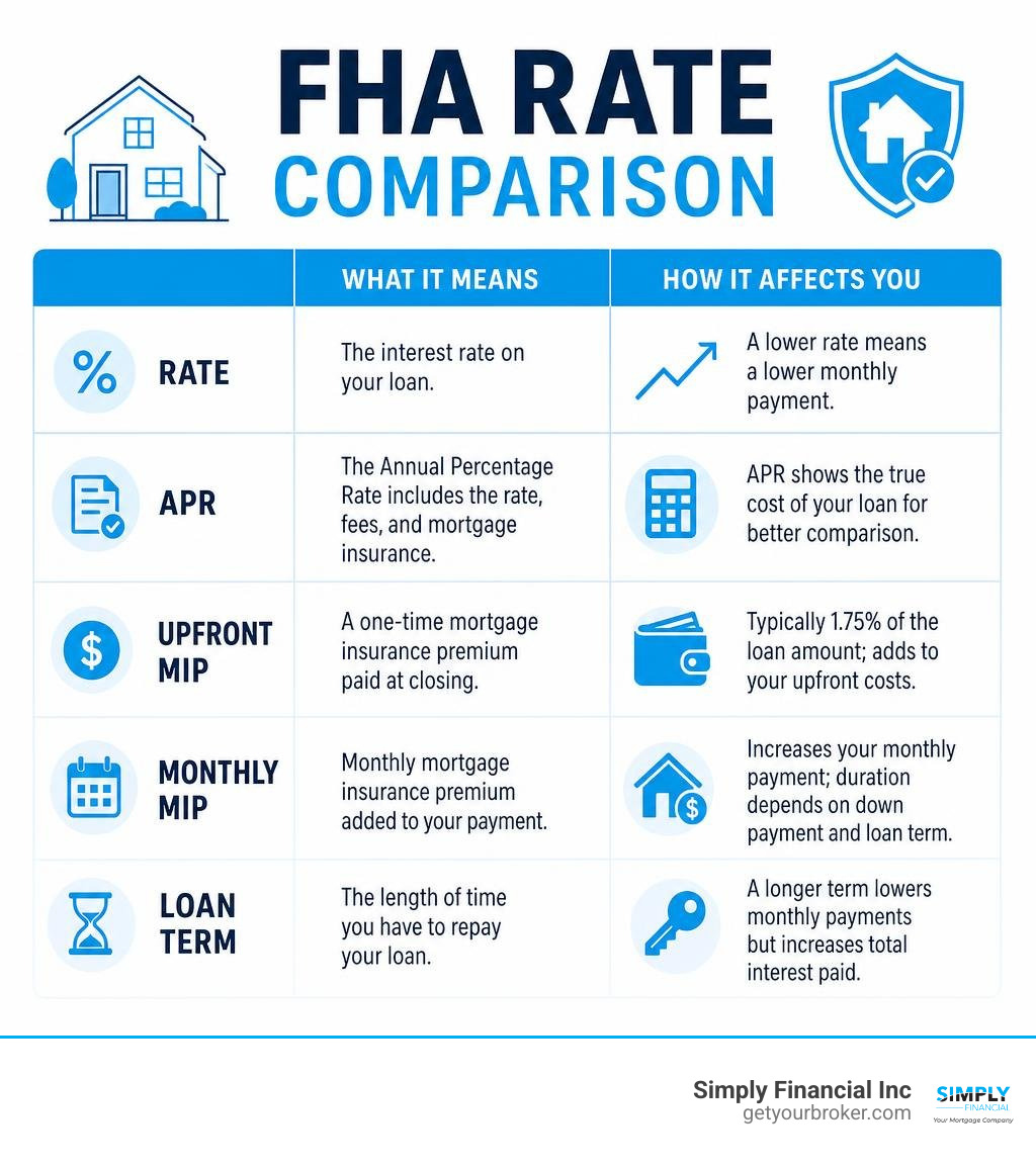 FHA rate comparison showing rate APR upfront MIP monthly MIP and loan term infographic
