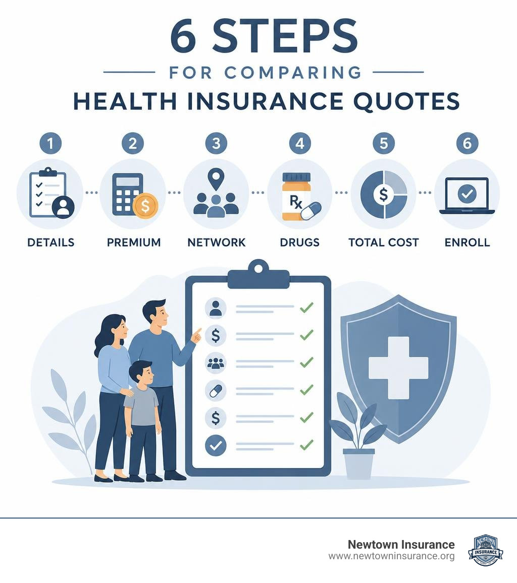 Steps for comparing health insurance quotes: details, premium, network, drugs, total cost, enroll infographic Steps for comparing health insurance quotes: details, premium, network, drugs, total cost, enroll infographic